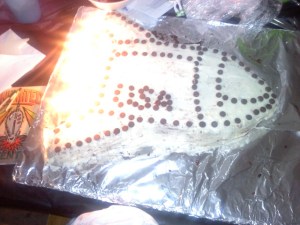 Fair Trade Chocolate Chips decorated this cake. The flames are swirly candles from behind!